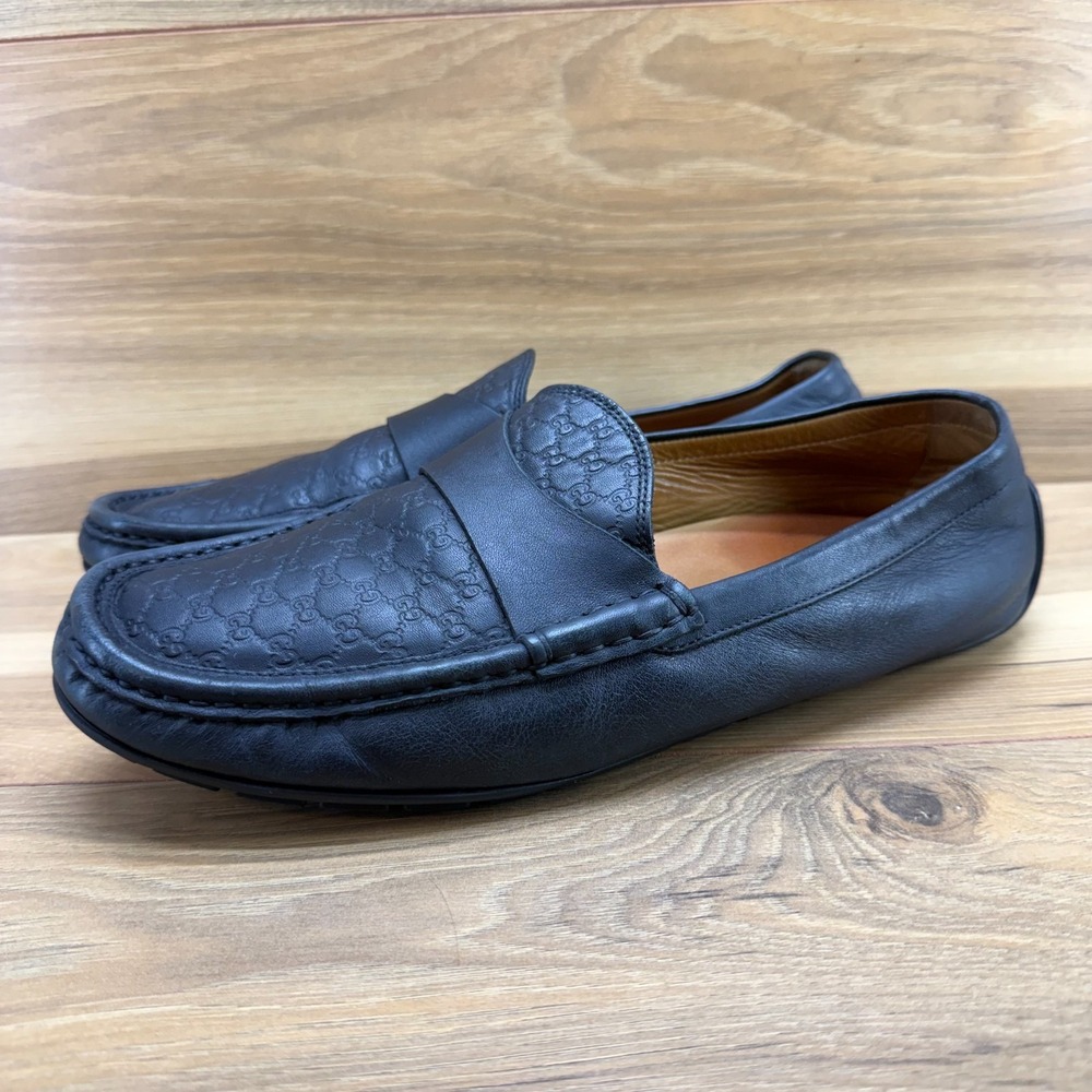Gucci Micro Guccissima Driving Loafers Mens 8.5 Black Leather Penny Loafer Moc - Picture 3 of 11